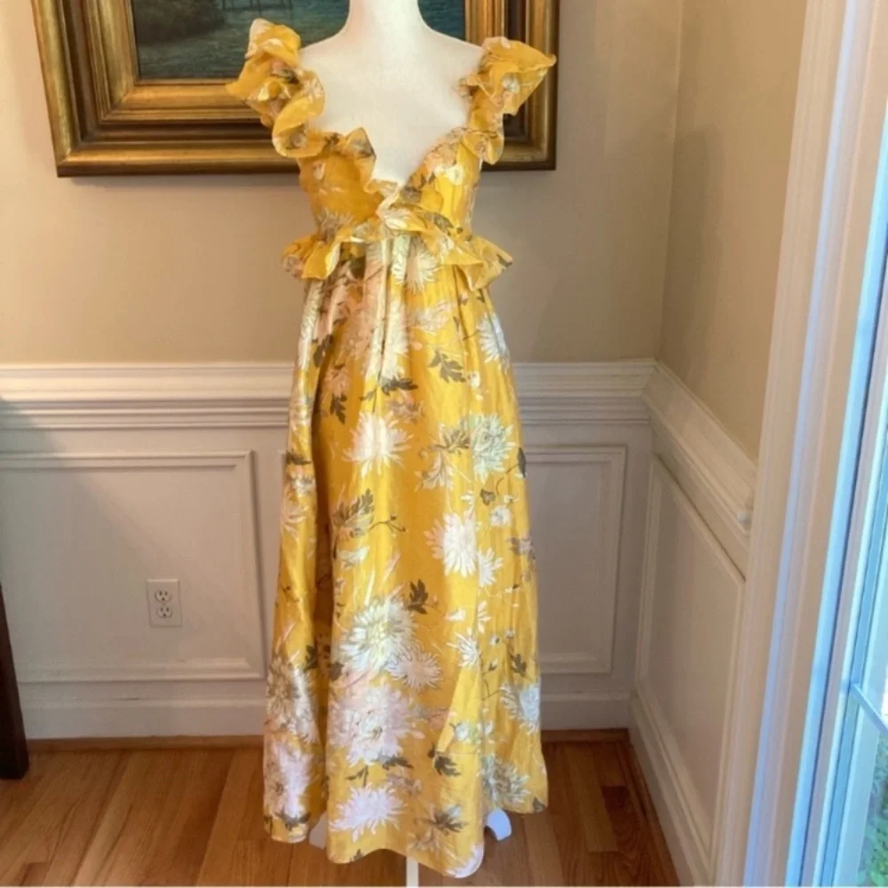 H&M Yellow Floral Ruffle Plunge Open Back Lyocell Midi Dress NWT - Picture 15 of 15